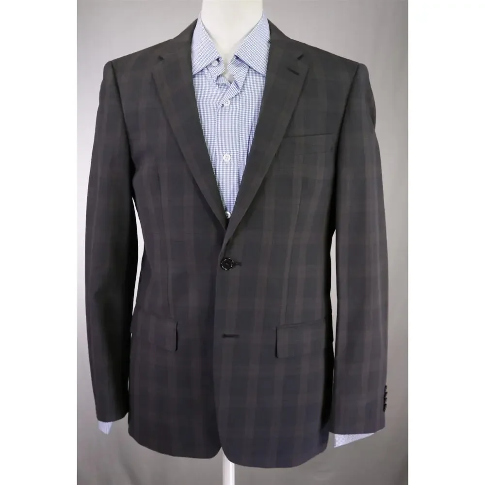 John Varvatos Gray Brown Plaid 2-Btn Cotton Linen Blazer Jacket 38R